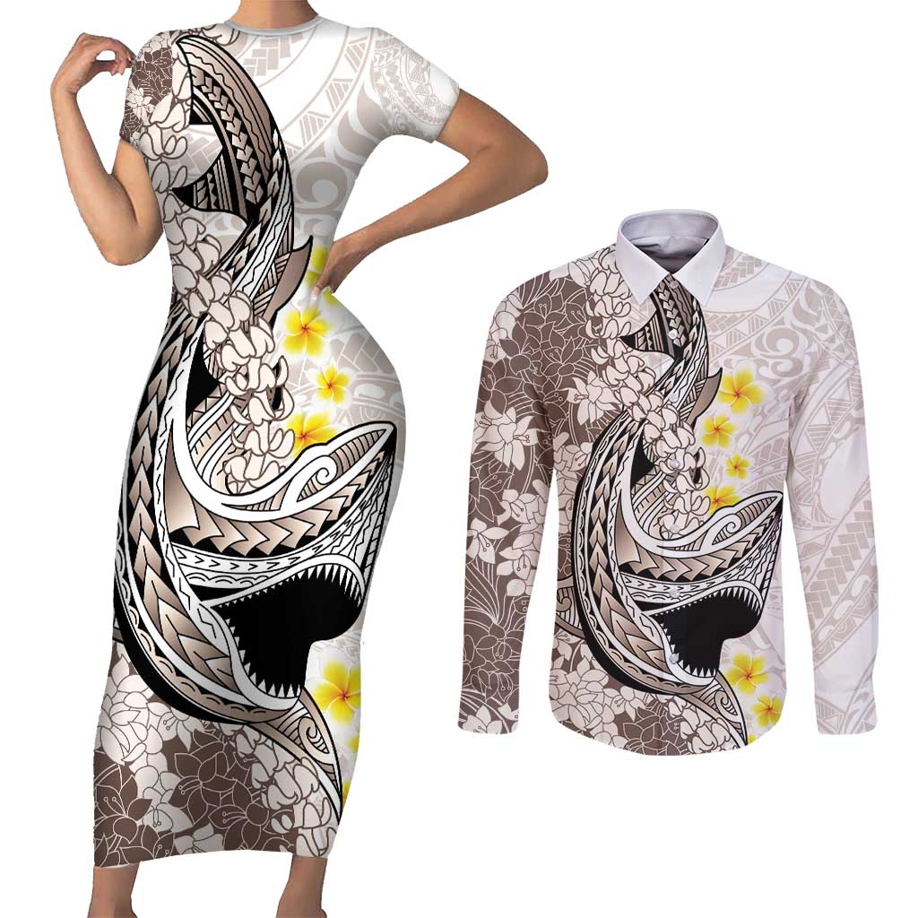 Brown and White Hawaii Shark Tattoo Couples Matching Short Sleeve Bodycon Dress and Long Sleeve Button Shirt Puakenikeni Lei Plumeria Polynesian Pattern - Polynesian Pride