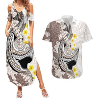 Brown and White Hawaii Shark Tattoo Couples Matching Summer Maxi Dress and Hawaiian Shirt Puakenikeni Lei Plumeria Polynesian Pattern - Polynesian Pride