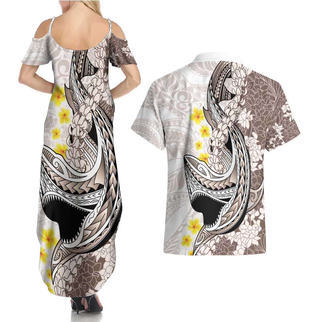 Brown and White Hawaii Shark Tattoo Couples Matching Summer Maxi Dress and Hawaiian Shirt Puakenikeni Lei Plumeria Polynesian Pattern - Polynesian Pride