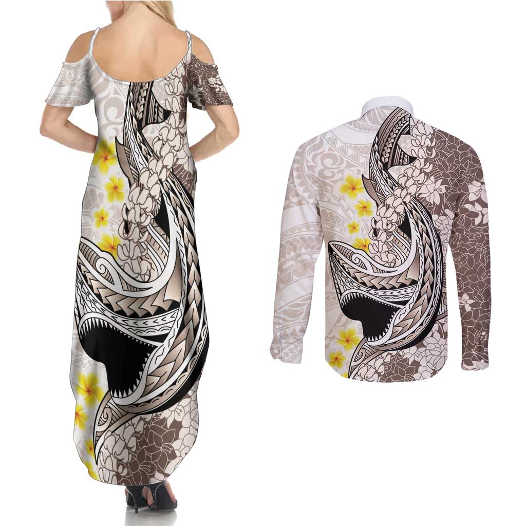 Brown and White Hawaii Shark Tattoo Couples Matching Summer Maxi Dress and Long Sleeve Button Shirt Puakenikeni Lei Plumeria Polynesian Pattern - Polynesian Pride