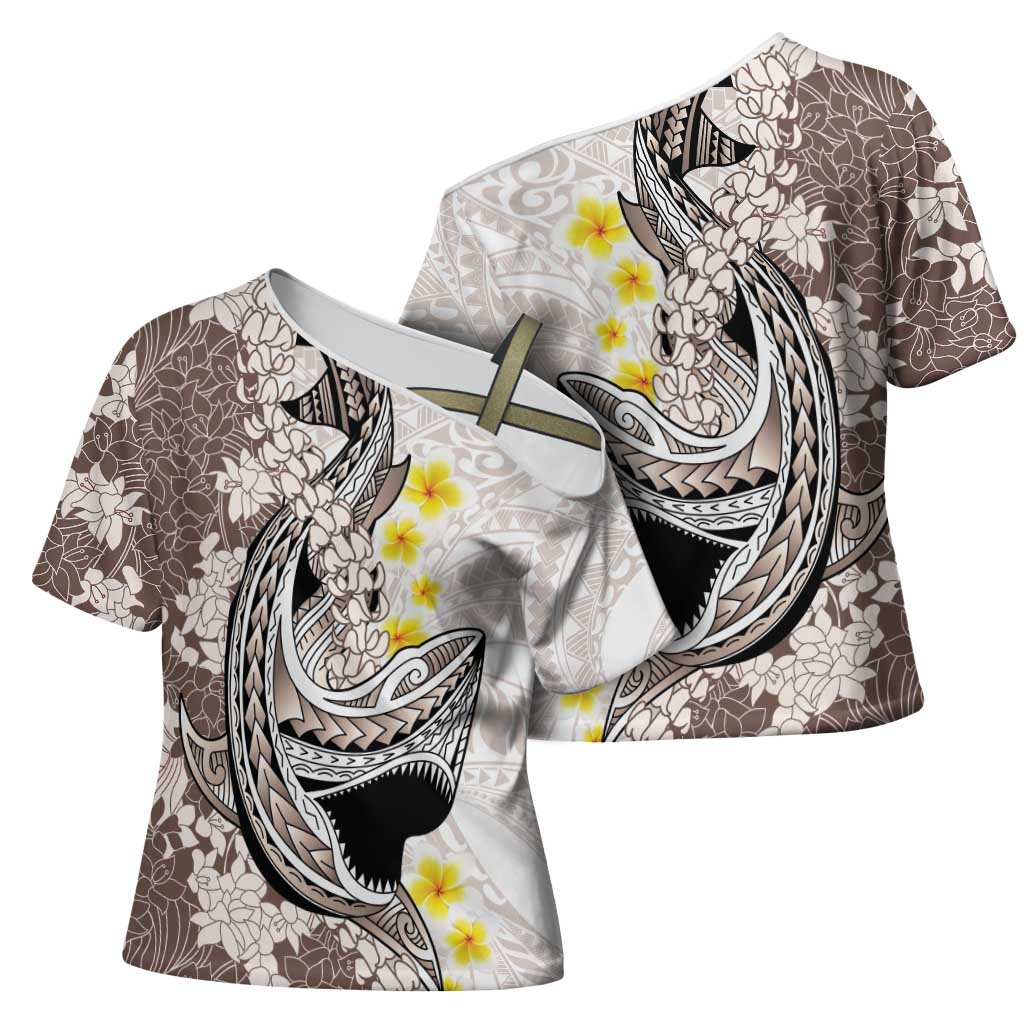 Brown and White Hawaii Shark Tattoo Cross Shoulder Shirt Puakenikeni Lei Plumeria Polynesian Pattern - Polynesian Pride