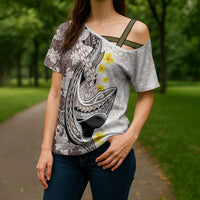 Brown and White Hawaii Shark Tattoo Cross Shoulder Shirt Puakenikeni Lei Plumeria Polynesian Pattern - Polynesian Pride