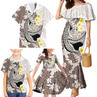 Brown and White Hawaii Shark Tattoo Family Matching Mermaid Dress and Hawaiian Shirt Puakenikeni Lei Plumeria Polynesian Pattern - Polynesian Pride
