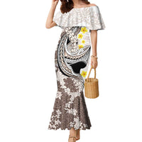 Brown and White Hawaii Shark Tattoo Family Matching Mermaid Dress and Hawaiian Shirt Puakenikeni Lei Plumeria Polynesian Pattern - Polynesian Pride