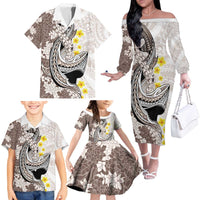 Brown and White Hawaii Shark Tattoo Family Matching Off The Shoulder Long Sleeve Dress and Hawaiian Shirt Puakenikeni Lei Plumeria Polynesian Pattern - Polynesian Pride