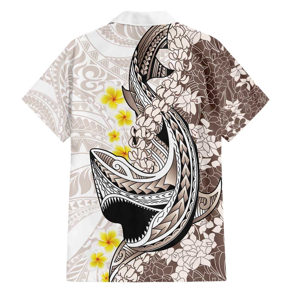 Brown and White Hawaii Shark Tattoo Family Matching Off Shoulder Maxi Dress and Hawaiian Shirt Puakenikeni Lei Plumeria Polynesian Pattern - Polynesian Pride