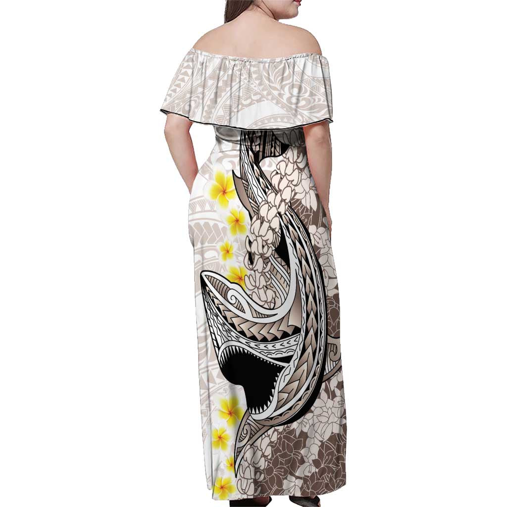 Brown and White Hawaii Shark Tattoo Family Matching Off Shoulder Maxi Dress and Hawaiian Shirt Puakenikeni Lei Plumeria Polynesian Pattern - Polynesian Pride