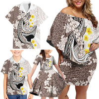 Brown and White Hawaii Shark Tattoo Family Matching Off Shoulder Short Dress and Hawaiian Shirt Puakenikeni Lei Plumeria Polynesian Pattern - Polynesian Pride