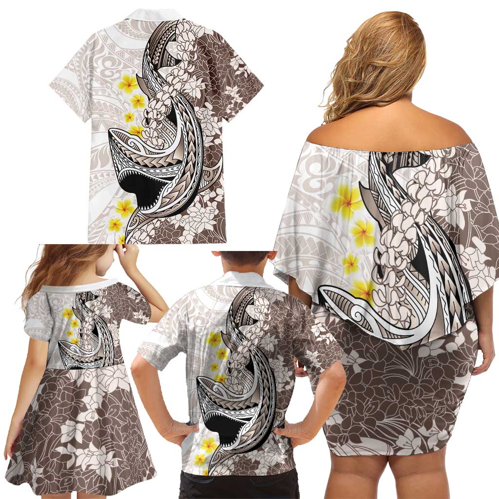 Brown and White Hawaii Shark Tattoo Family Matching Off Shoulder Short Dress and Hawaiian Shirt Puakenikeni Lei Plumeria Polynesian Pattern - Polynesian Pride
