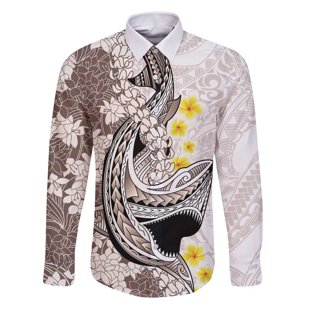 Brown and White Hawaii Shark Tattoo Family Matching Off Shoulder Short Dress and Hawaiian Shirt Puakenikeni Lei Plumeria Polynesian Pattern - Polynesian Pride