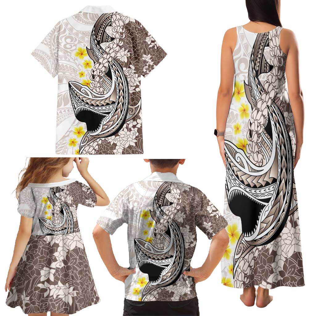 Brown and White Hawaii Shark Tattoo Family Matching Tank Maxi Dress and Hawaiian Shirt Puakenikeni Lei Plumeria Polynesian Pattern - Polynesian Pride