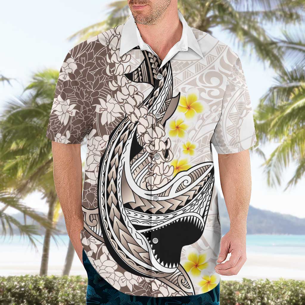 Brown and White Hawaii Shark Tattoo Hawaiian Shirt Puakenikeni Lei Plumeria Polynesian Pattern - Polynesian Pride