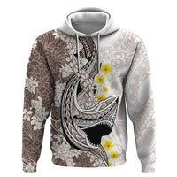 Brown and White Hawaii Shark Tattoo Hoodie Puakenikeni Lei Plumeria Polynesian Pattern - Polynesian Pride