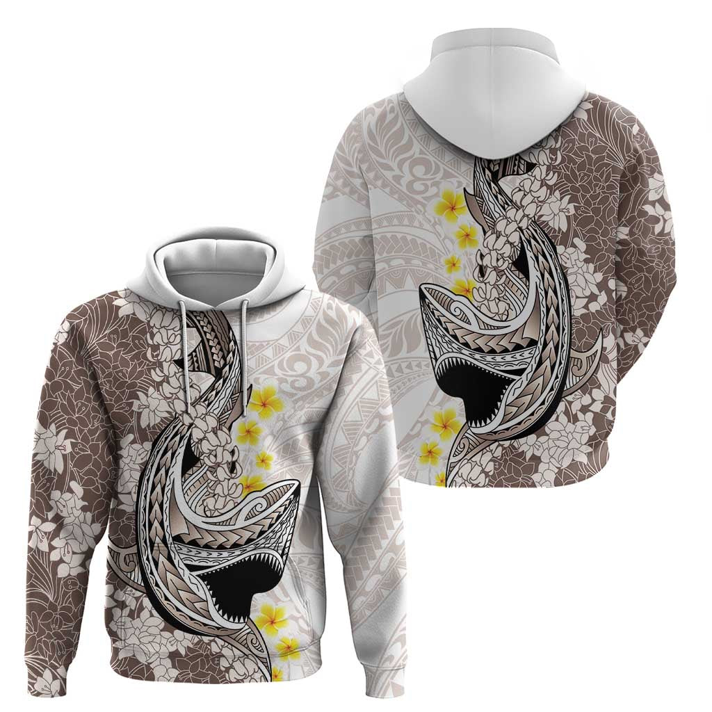 Brown and White Hawaii Shark Tattoo Hoodie Puakenikeni Lei Plumeria Polynesian Pattern - Polynesian Pride