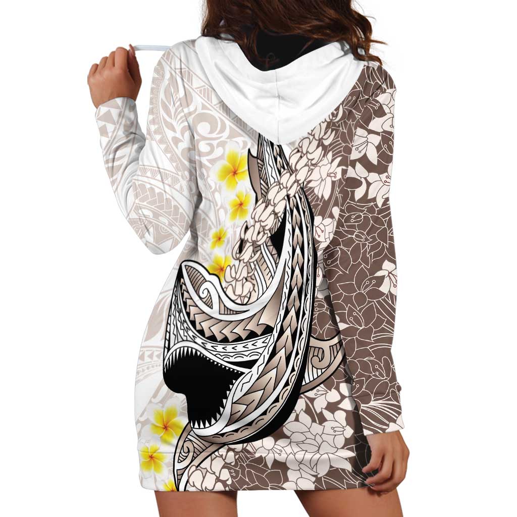 Brown and White Hawaii Shark Tattoo Hoodie Dress Puakenikeni Lei Plumeria Polynesian Pattern - Polynesian Pride
