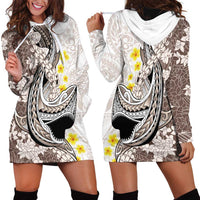 Brown and White Hawaii Shark Tattoo Hoodie Dress Puakenikeni Lei Plumeria Polynesian Pattern - Polynesian Pride