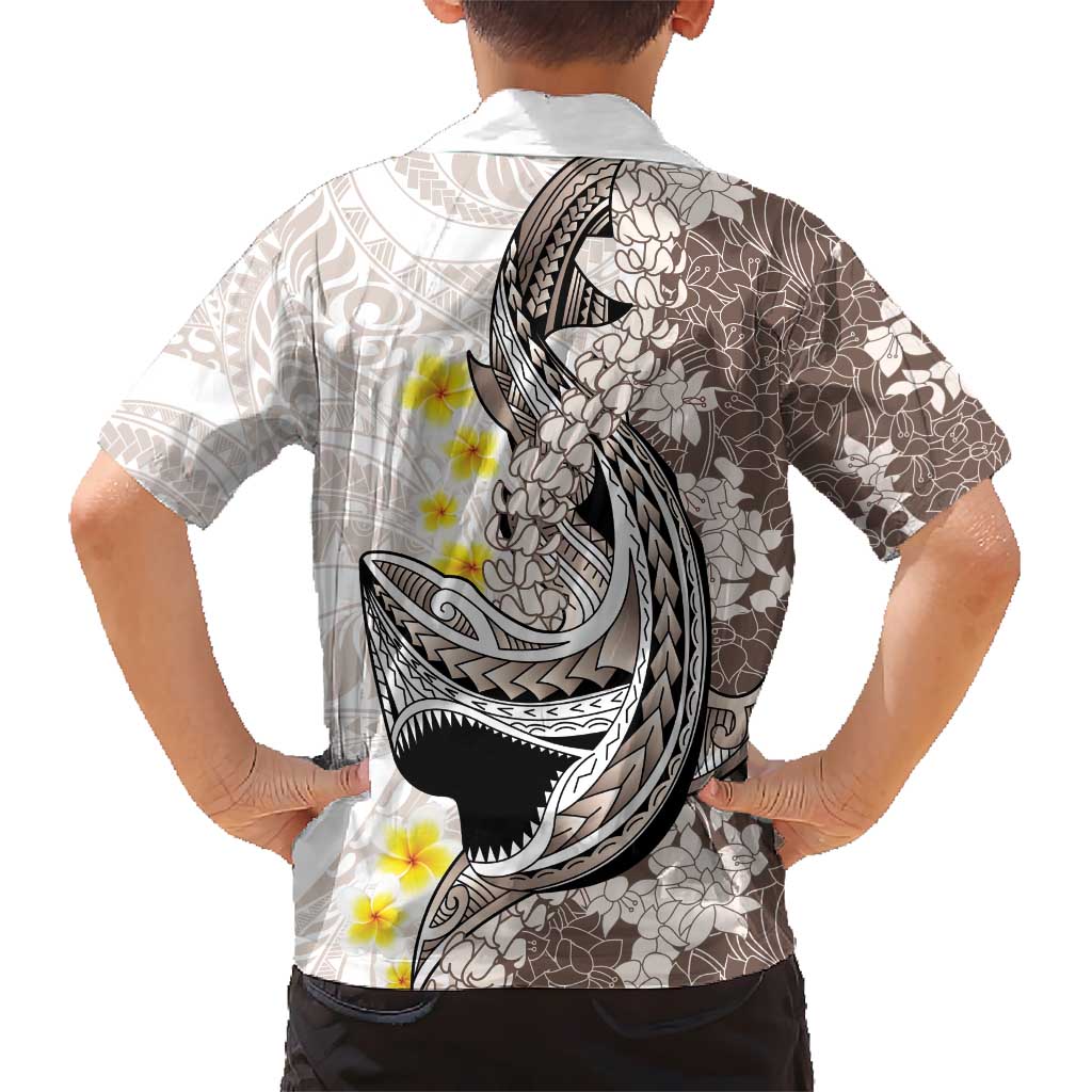 Brown and White Hawaii Shark Tattoo Kid Hawaiian Shirt Puakenikeni Lei Plumeria Polynesian Pattern - Polynesian Pride
