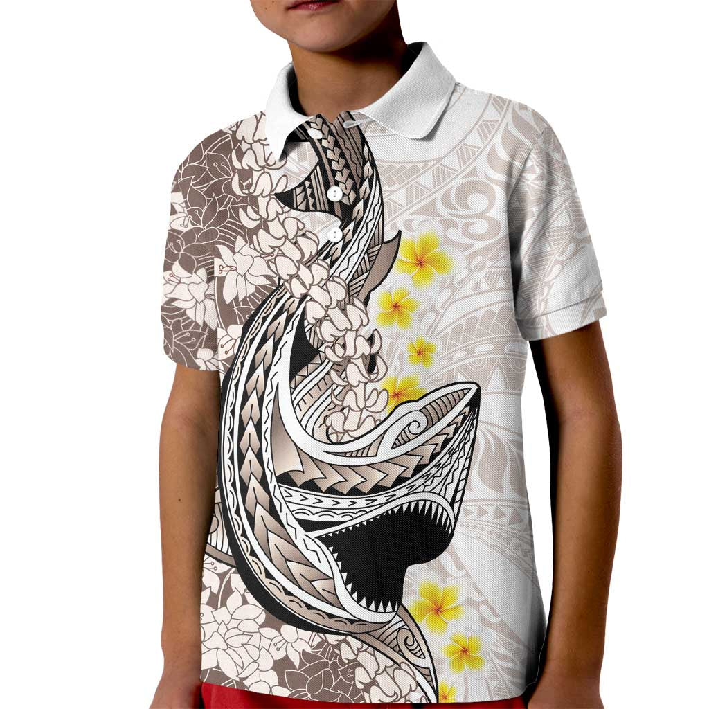 Brown and White Hawaii Shark Tattoo Kid Polo Shirt Puakenikeni Lei Plumeria Polynesian Pattern - Polynesian Pride