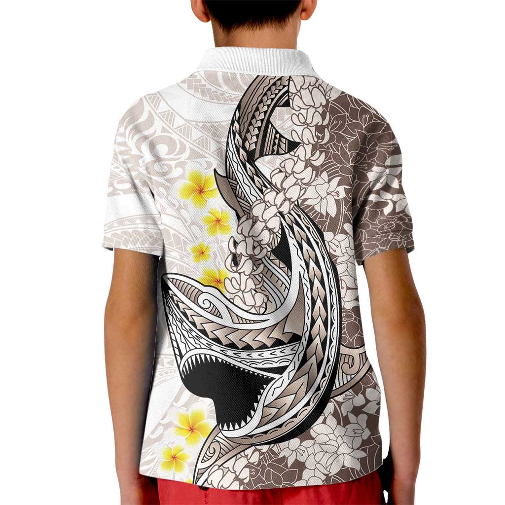 Brown and White Hawaii Shark Tattoo Kid Polo Shirt Puakenikeni Lei Plumeria Polynesian Pattern - Polynesian Pride