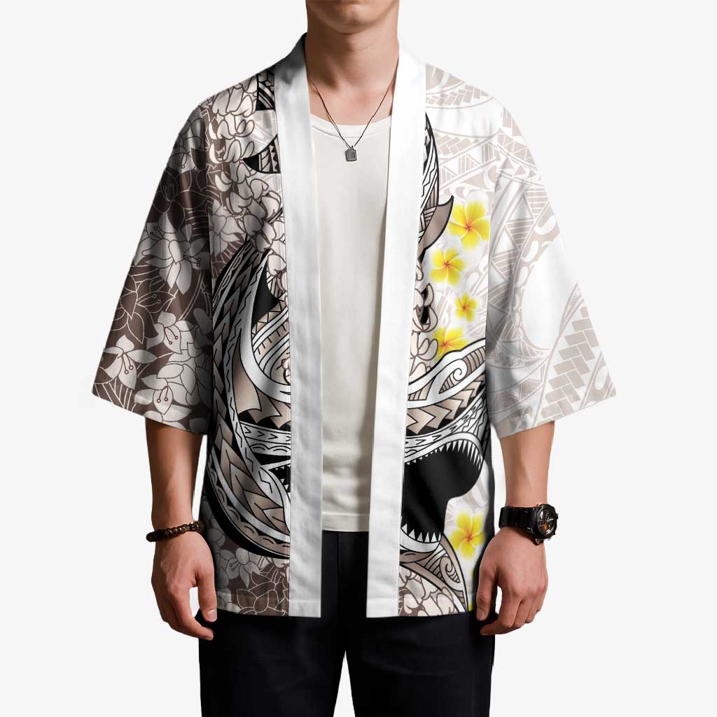 Brown and White Hawaii Shark Tattoo Kimono Puakenikeni Lei Plumeria Polynesian Pattern - Polynesian Pride