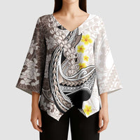 Brown and White Hawaii Shark Tattoo Kimono Sleeve Blouse Puakenikeni Lei Plumeria Polynesian Pattern - Polynesian Pride