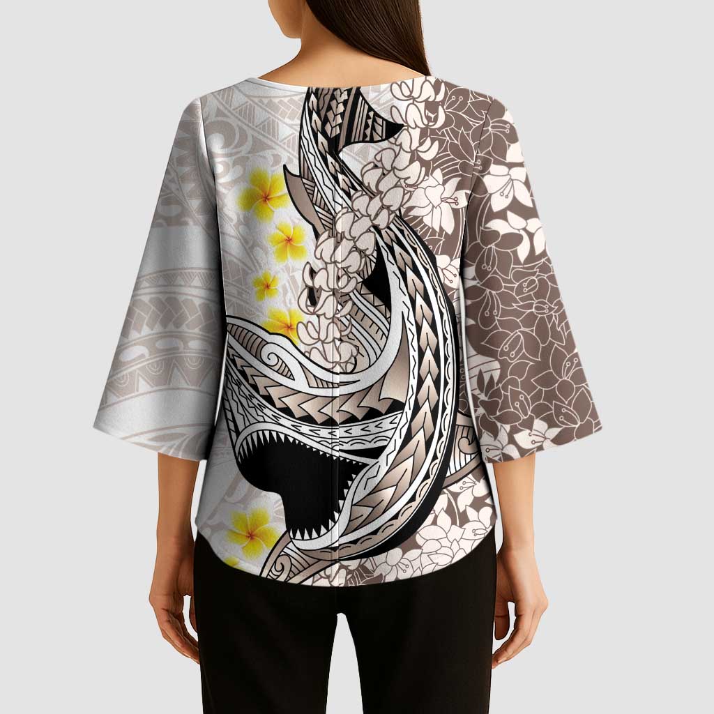 Brown and White Hawaii Shark Tattoo Kimono Sleeve Blouse Puakenikeni Lei Plumeria Polynesian Pattern - Polynesian Pride