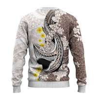 Brown and White Hawaii Shark Tattoo Ugly Christmas Sweater Puakenikeni Lei Plumeria Polynesian Pattern - Polynesian Pride