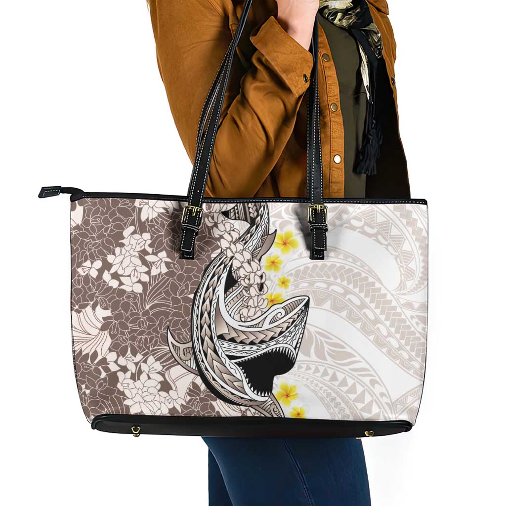 Brown and White Hawaii Shark Tattoo Leather Tote Bag Puakenikeni Lei Plumeria Polynesian Pattern - Polynesian Pride