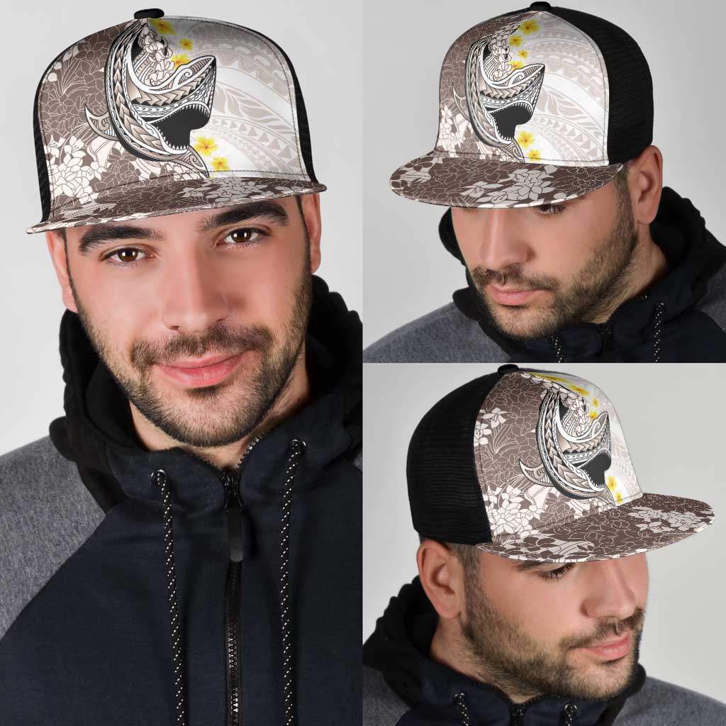 Brown and White Hawaii Shark Tattoo Mesh Trucker Cap Puakenikeni Lei Plumeria Polynesian Pattern - Polynesian Pride