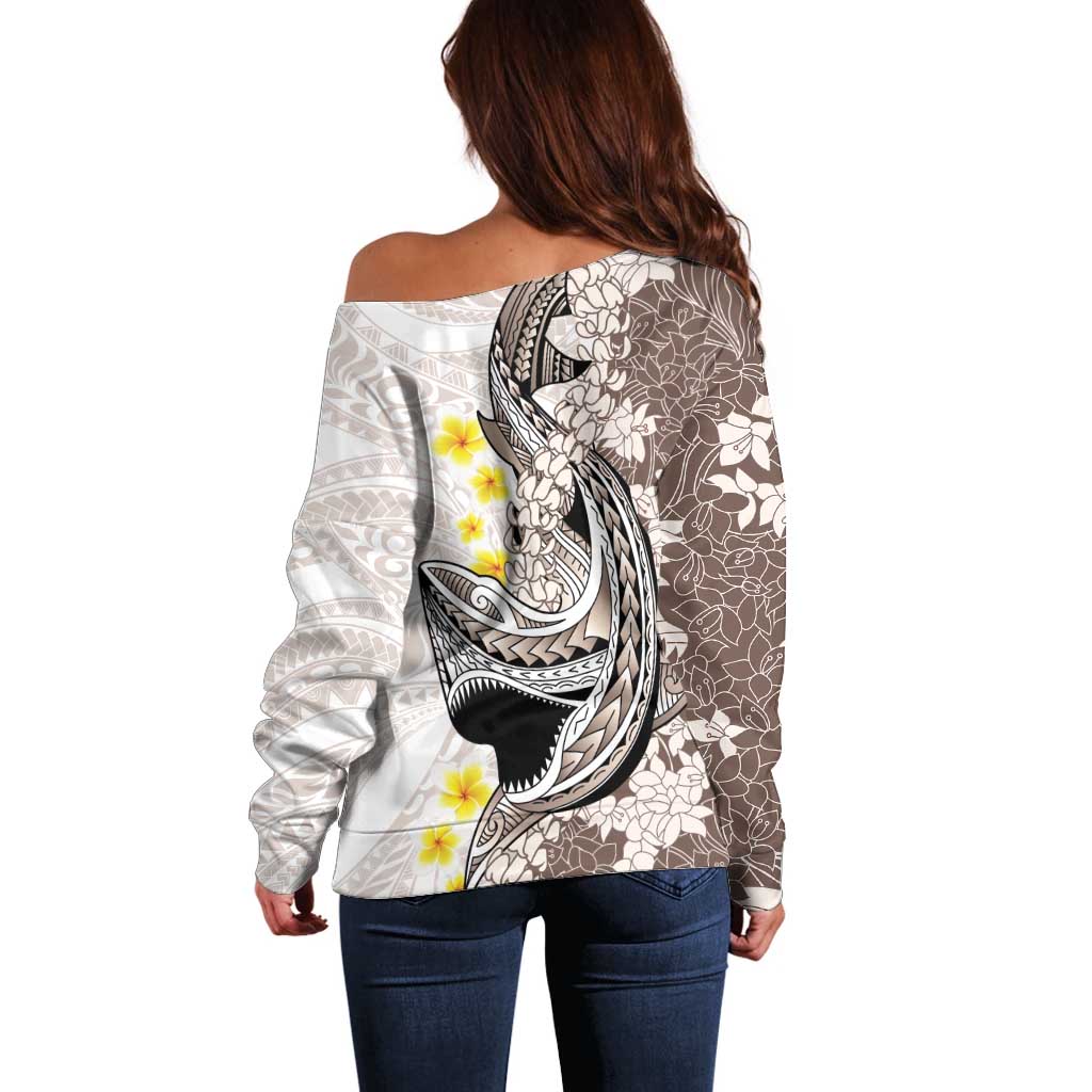 Brown and White Hawaii Shark Tattoo Off Shoulder Sweater Puakenikeni Lei Plumeria Polynesian Pattern - Polynesian Pride