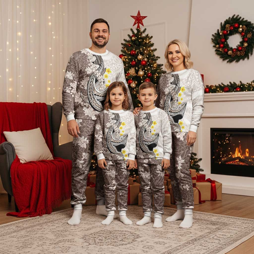Brown and White Hawaii Shark Tattoo Christmas Pajama Set Puakenikeni Lei Plumeria Polynesian Pattern LT14 - Polynesian Pride