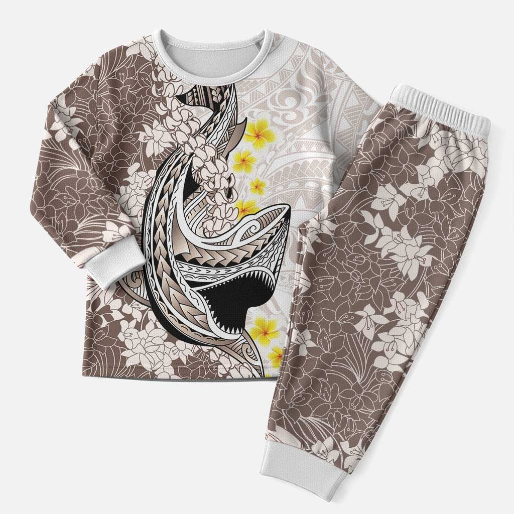Brown and White Hawaii Shark Tattoo Christmas Pajama Set Puakenikeni Lei Plumeria Polynesian Pattern LT14 Men White - Polynesian Pride