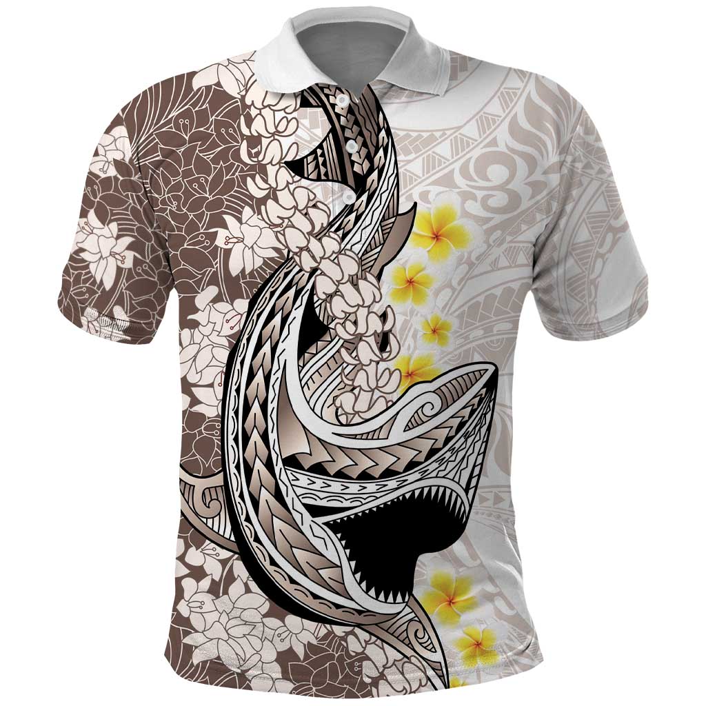 Brown and White Hawaii Shark Tattoo Polo Shirt Puakenikeni Lei Plumeria Polynesian Pattern - Polynesian Pride