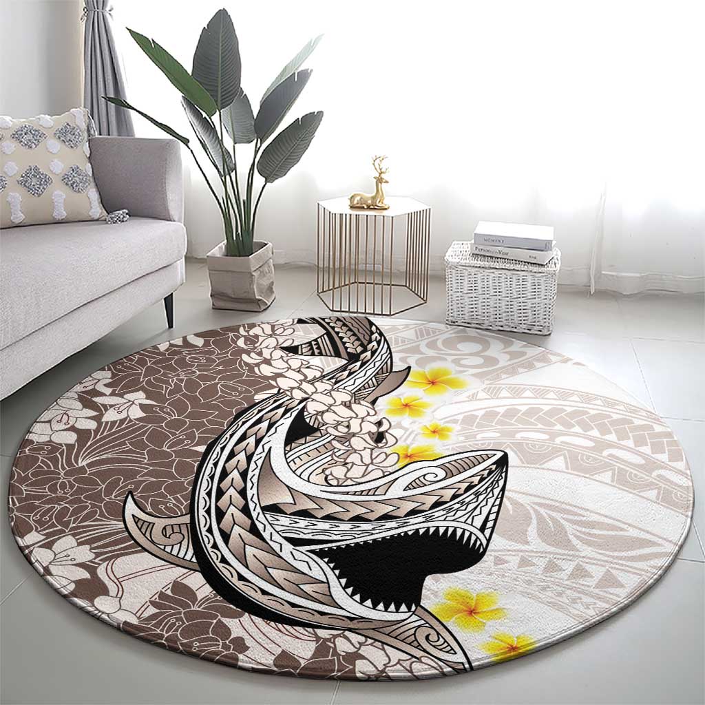 Brown and White Hawaii Shark Tattoo Round Carpet Puakenikeni Lei Plumeria Polynesian Pattern - Polynesian Pride