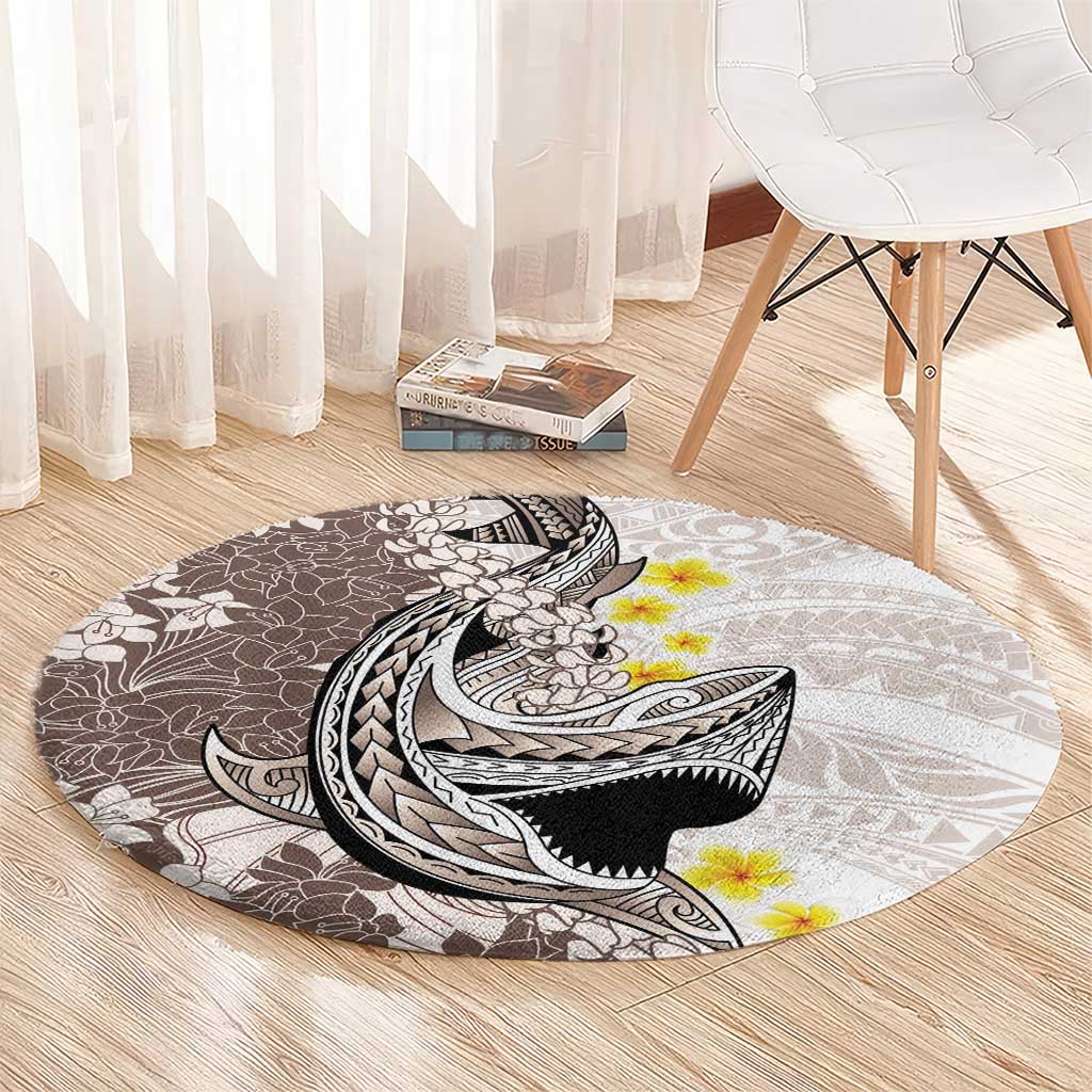 Brown and White Hawaii Shark Tattoo Round Carpet Puakenikeni Lei Plumeria Polynesian Pattern - Polynesian Pride
