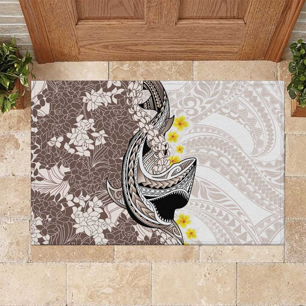 Brown and White Hawaii Shark Tattoo Rubber Doormat Puakenikeni Lei Plumeria Polynesian Pattern - Polynesian Pride