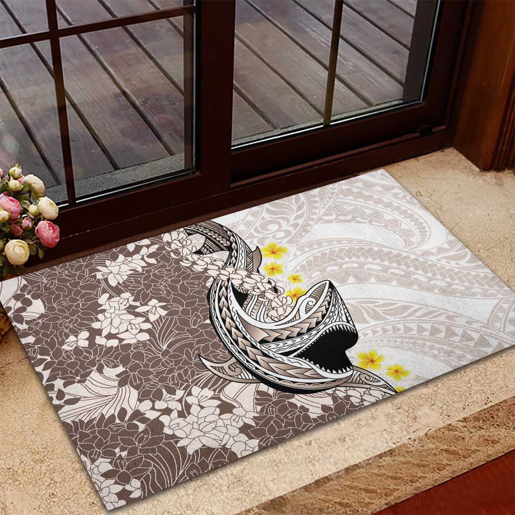 Brown and White Hawaii Shark Tattoo Rubber Doormat Puakenikeni Lei Plumeria Polynesian Pattern - Polynesian Pride