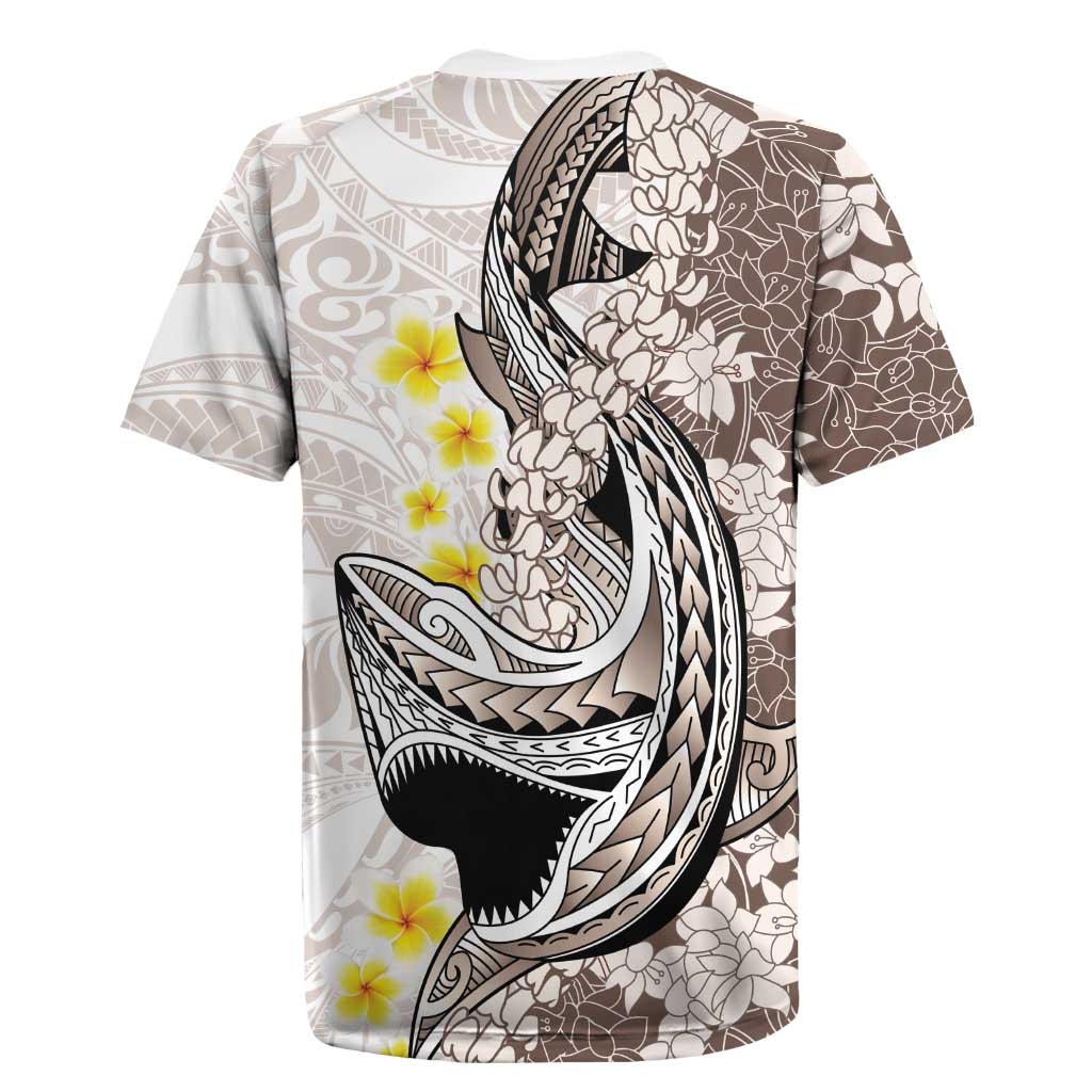 Brown and White Hawaii Shark Tattoo Rugby Jersey Puakenikeni Lei Plumeria Polynesian Pattern - Polynesian Pride