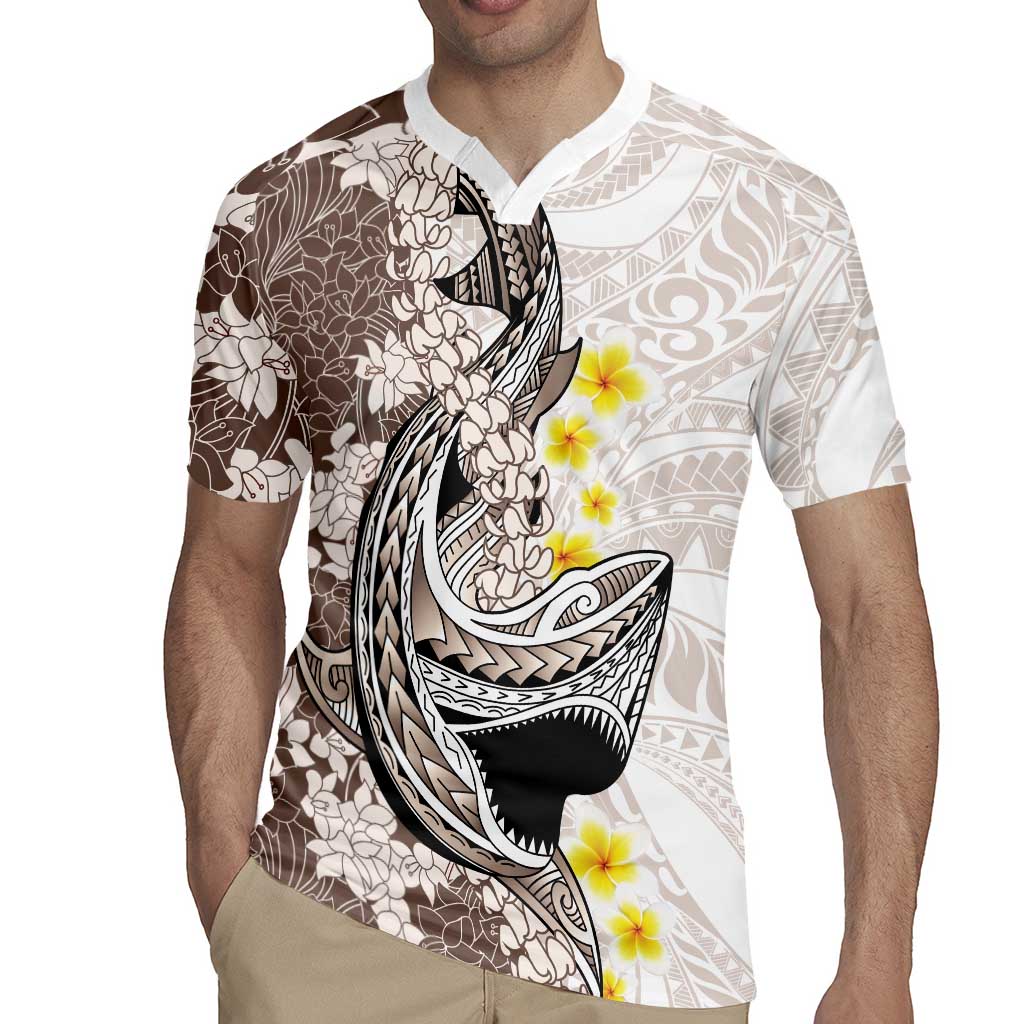 Brown and White Hawaii Shark Tattoo Rugby Jersey Puakenikeni Lei Plumeria Polynesian Pattern - Polynesian Pride