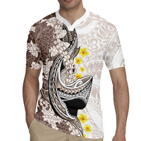 Brown and White Hawaii Shark Tattoo Rugby Jersey Puakenikeni Lei Plumeria Polynesian Pattern - Polynesian Pride