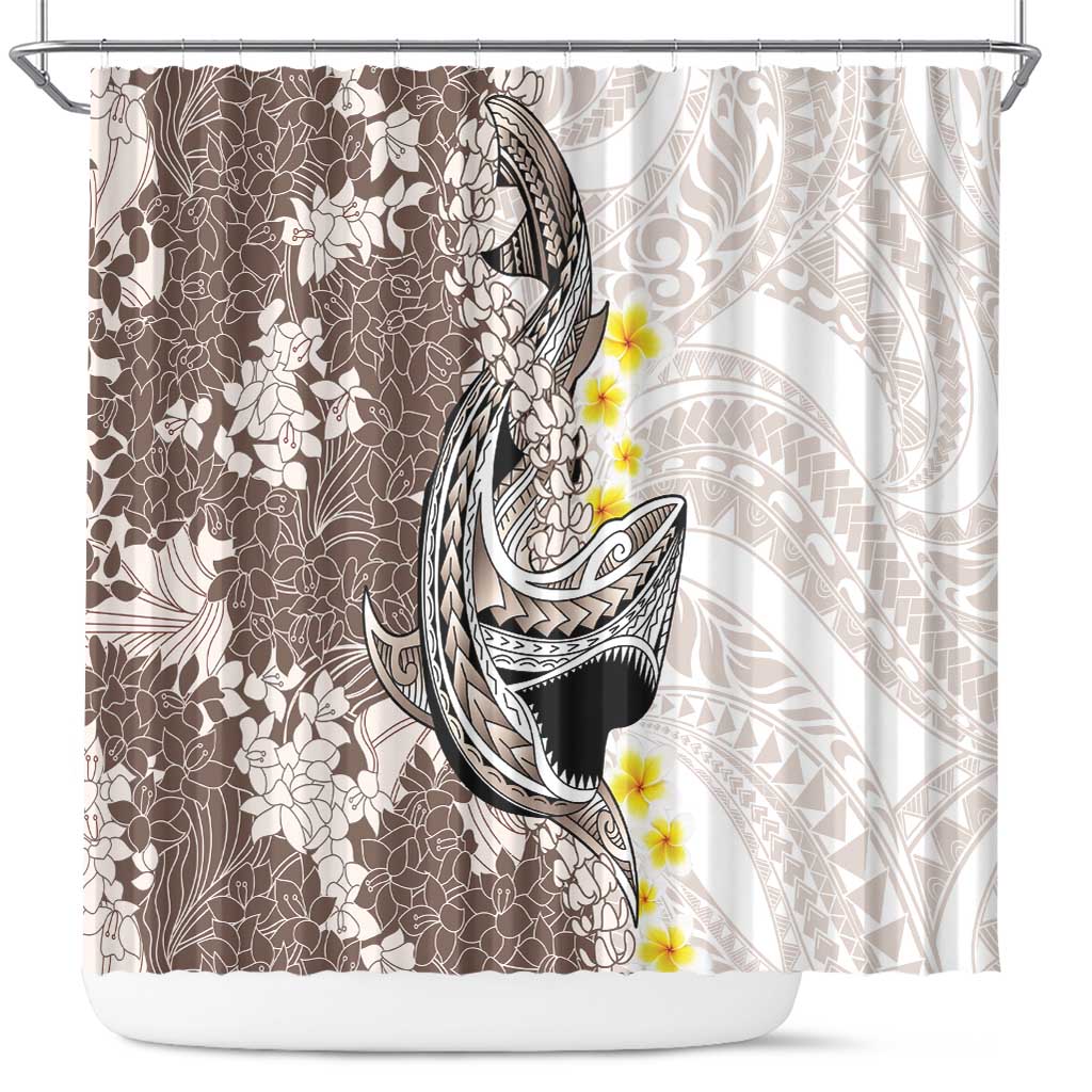 Brown and White Hawaii Shark Tattoo Shower Curtain Puakenikeni Lei Plumeria Polynesian Pattern - Polynesian Pride