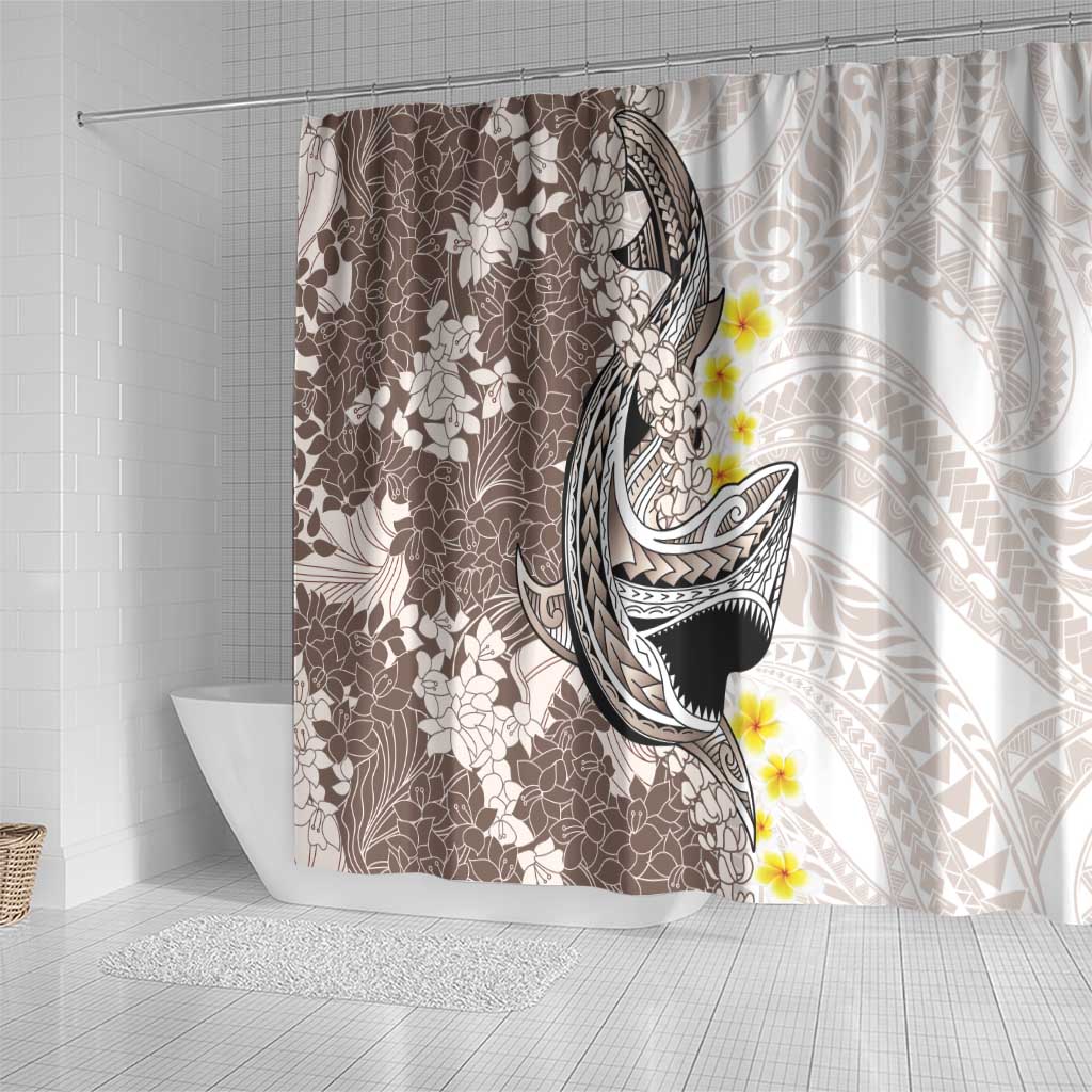 Brown and White Hawaii Shark Tattoo Shower Curtain Puakenikeni Lei Plumeria Polynesian Pattern - Polynesian Pride