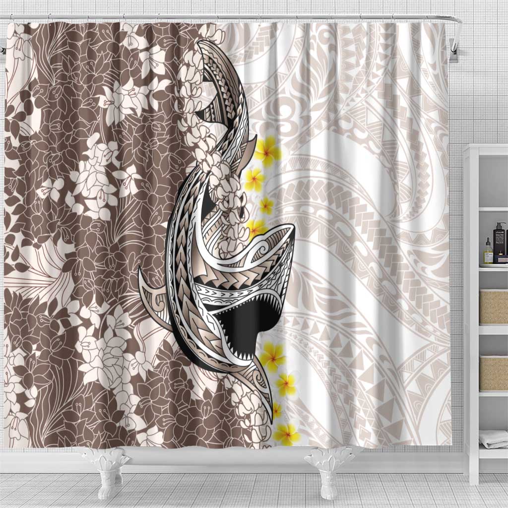 Brown and White Hawaii Shark Tattoo Shower Curtain Puakenikeni Lei Plumeria Polynesian Pattern - Polynesian Pride