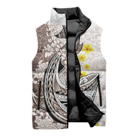 Brown and White Hawaii Shark Tattoo Sleeveless Puffer Jacket Puakenikeni Lei Plumeria Polynesian Pattern - Polynesian Pride
