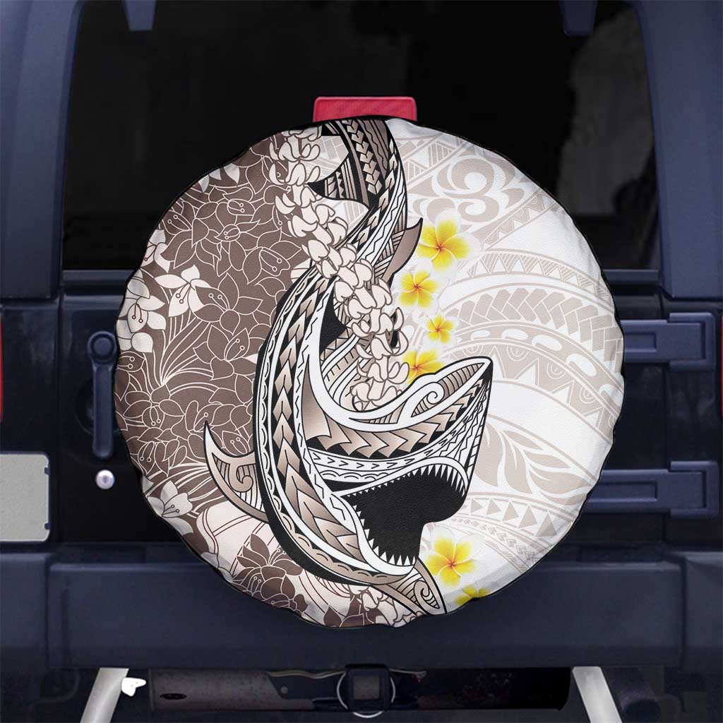 Brown and White Hawaii Shark Tattoo Spare Tire Cover Puakenikeni Lei Plumeria Polynesian Pattern - Polynesian Pride