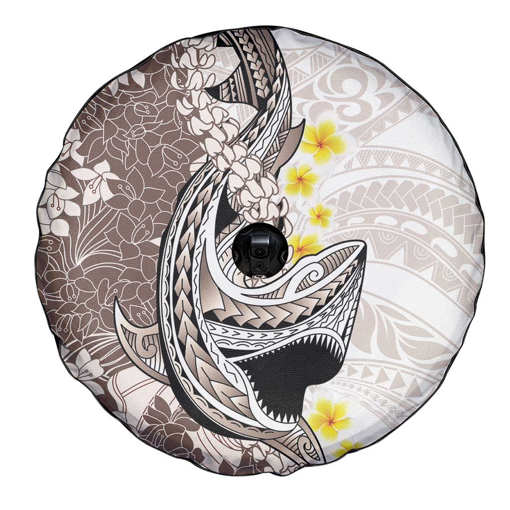 Brown and White Hawaii Shark Tattoo Spare Tire Cover Puakenikeni Lei Plumeria Polynesian Pattern - Polynesian Pride