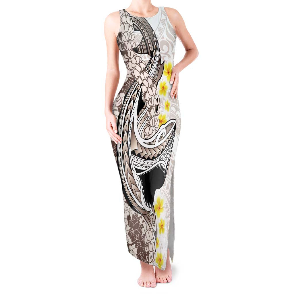 Brown and White Hawaii Shark Tattoo Tank Maxi Dress Puakenikeni Lei Plumeria Polynesian Pattern - Polynesian Pride