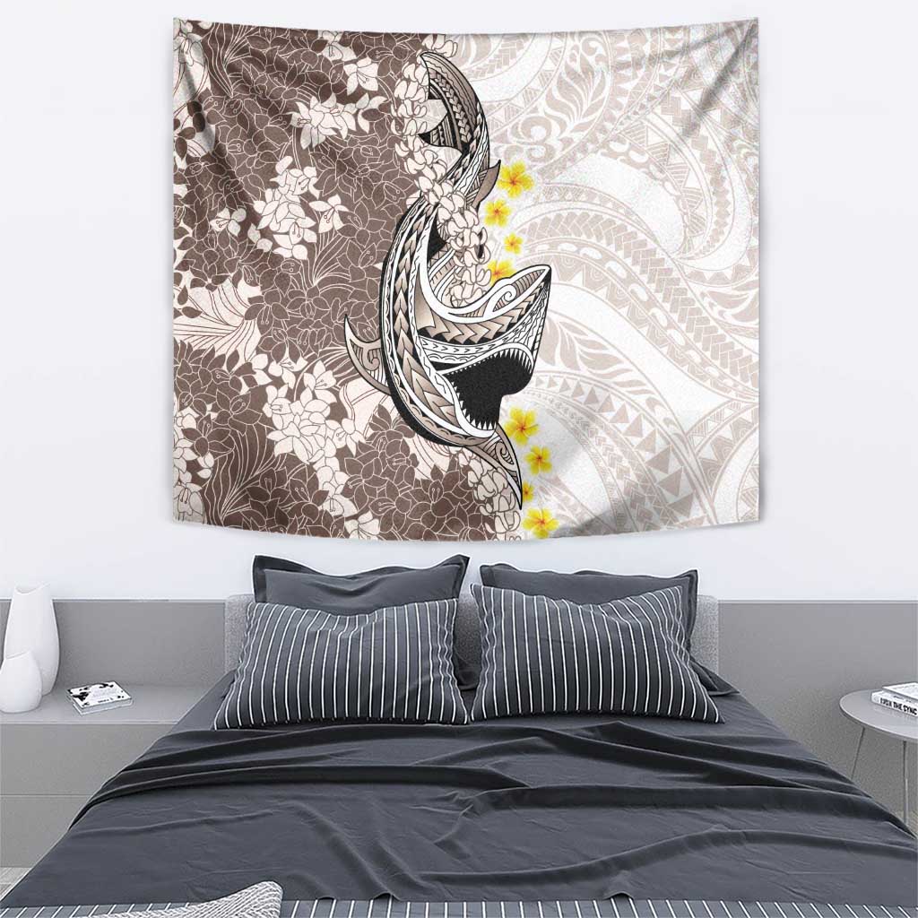 Brown and White Hawaii Shark Tattoo Tapestry Puakenikeni Lei Plumeria Polynesian Pattern - Polynesian Pride