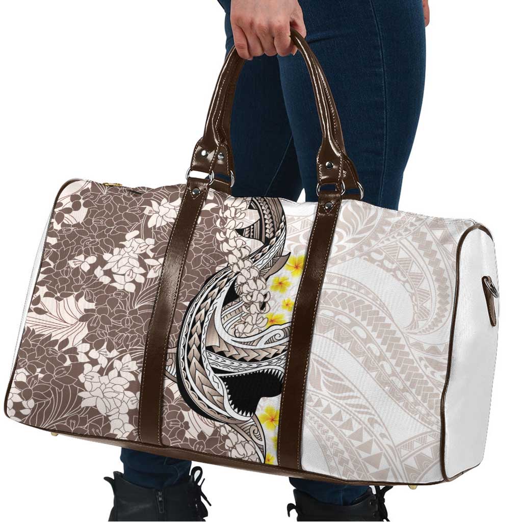 Brown and White Hawaii Shark Tattoo Travel Bag Puakenikeni Lei Plumeria Polynesian Pattern - Polynesian Pride