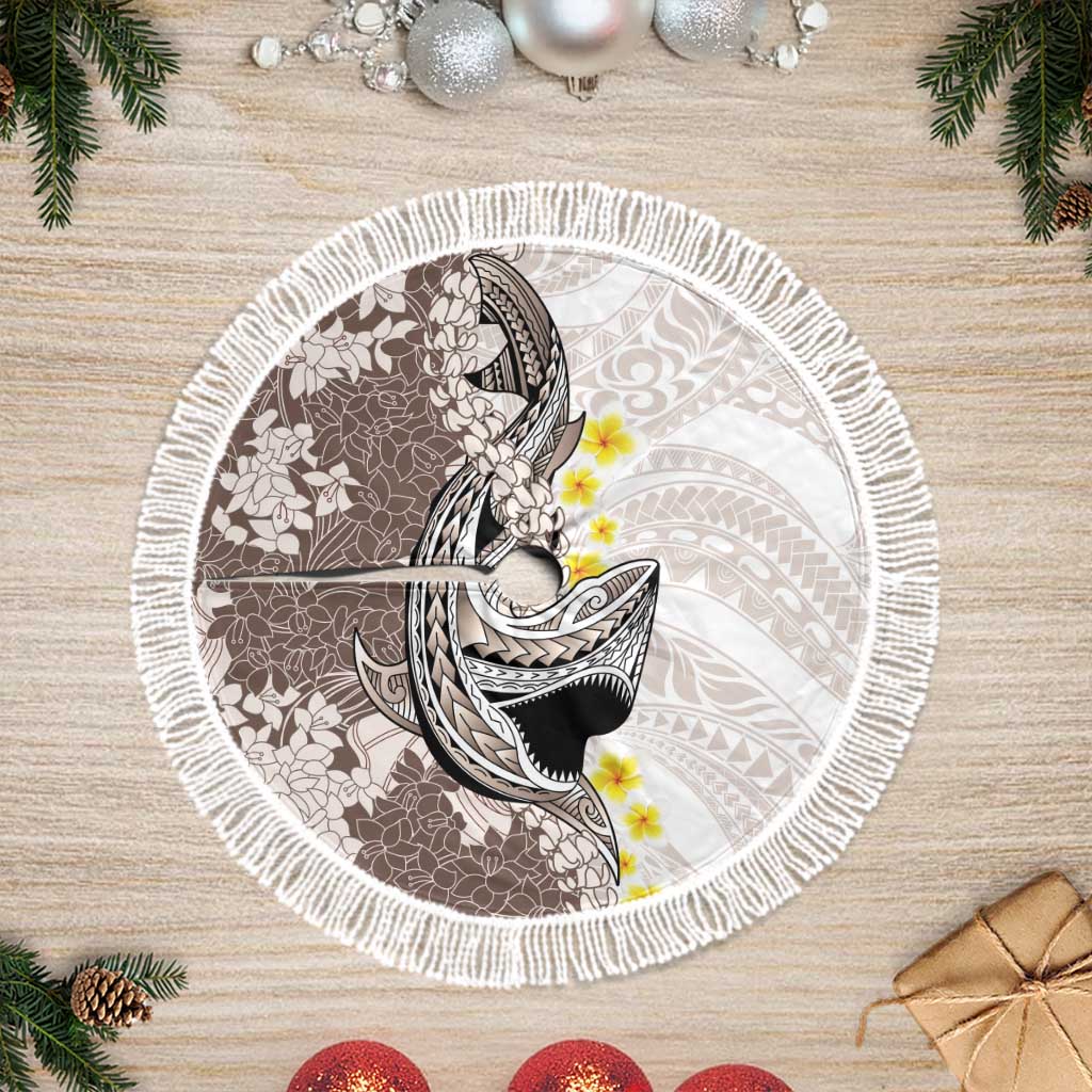 Brown and White Hawaii Shark Tattoo Tree Skirt Puakenikeni Lei Plumeria Polynesian Pattern - Polynesian Pride